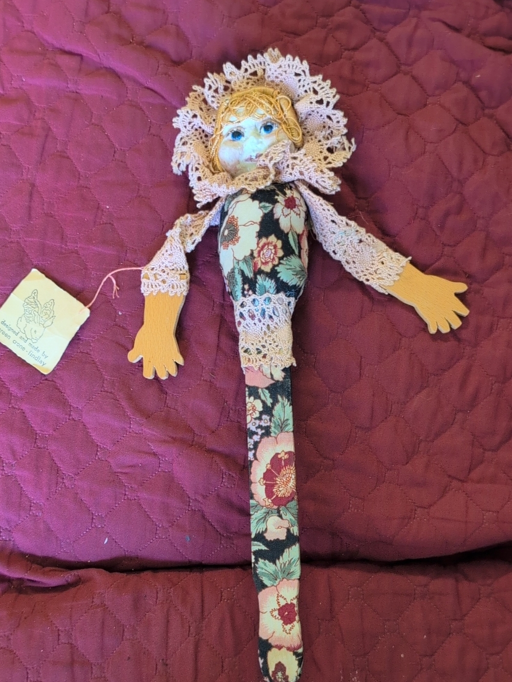 Handmade Floral Fabric Doll with Lace Trim - Pink and Green